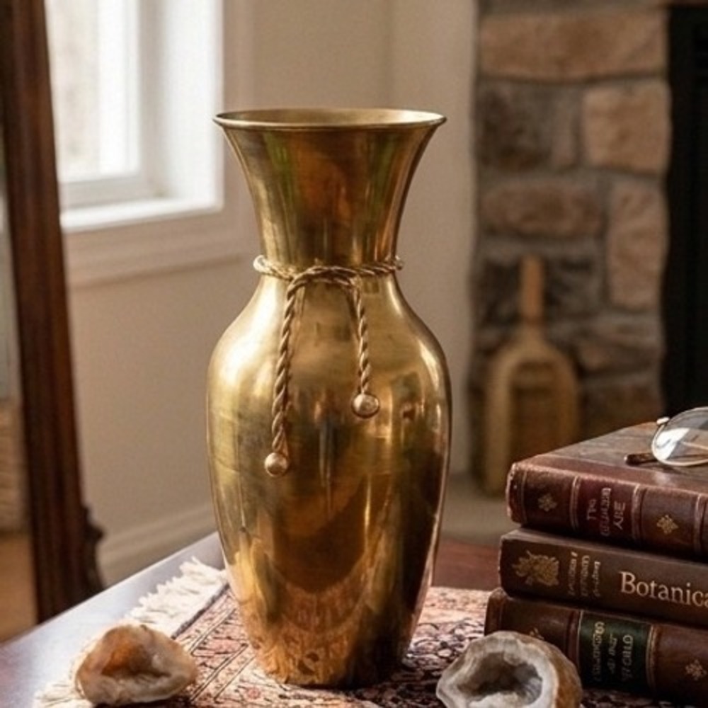 Vintage 9" Solid Brass Vase Rope Tie Tassels MCM Regency Boho Chic Shelf Decor